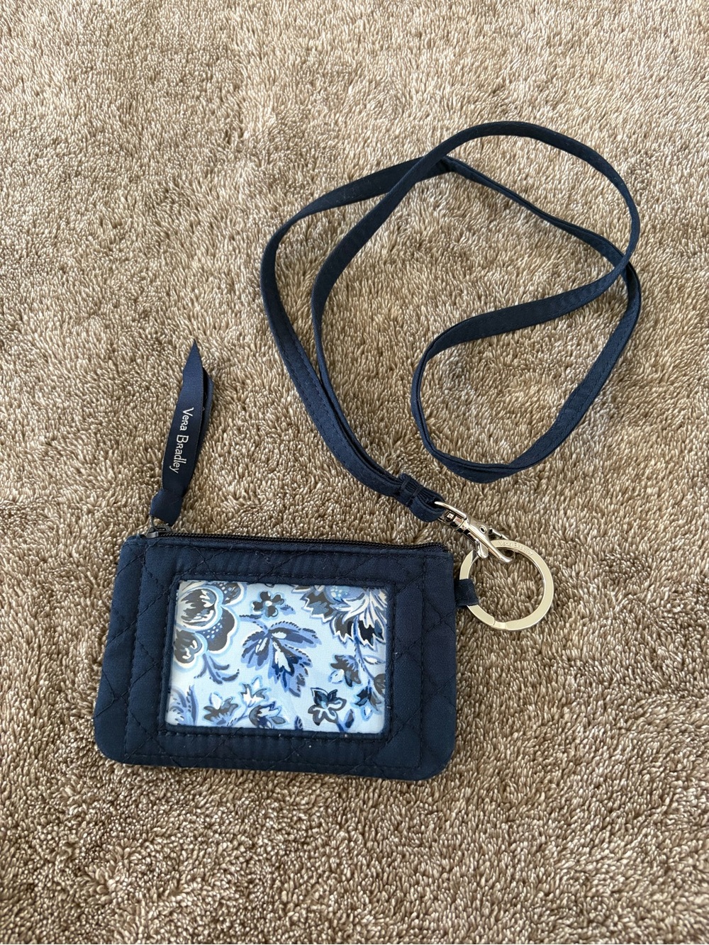 Vera Bradley Navy Quilted ID Lanyard Wallet with Floral Window